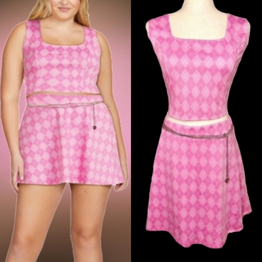 Madden NYC pink argyle square neck crop tank chain belt mini skirt set L NWT